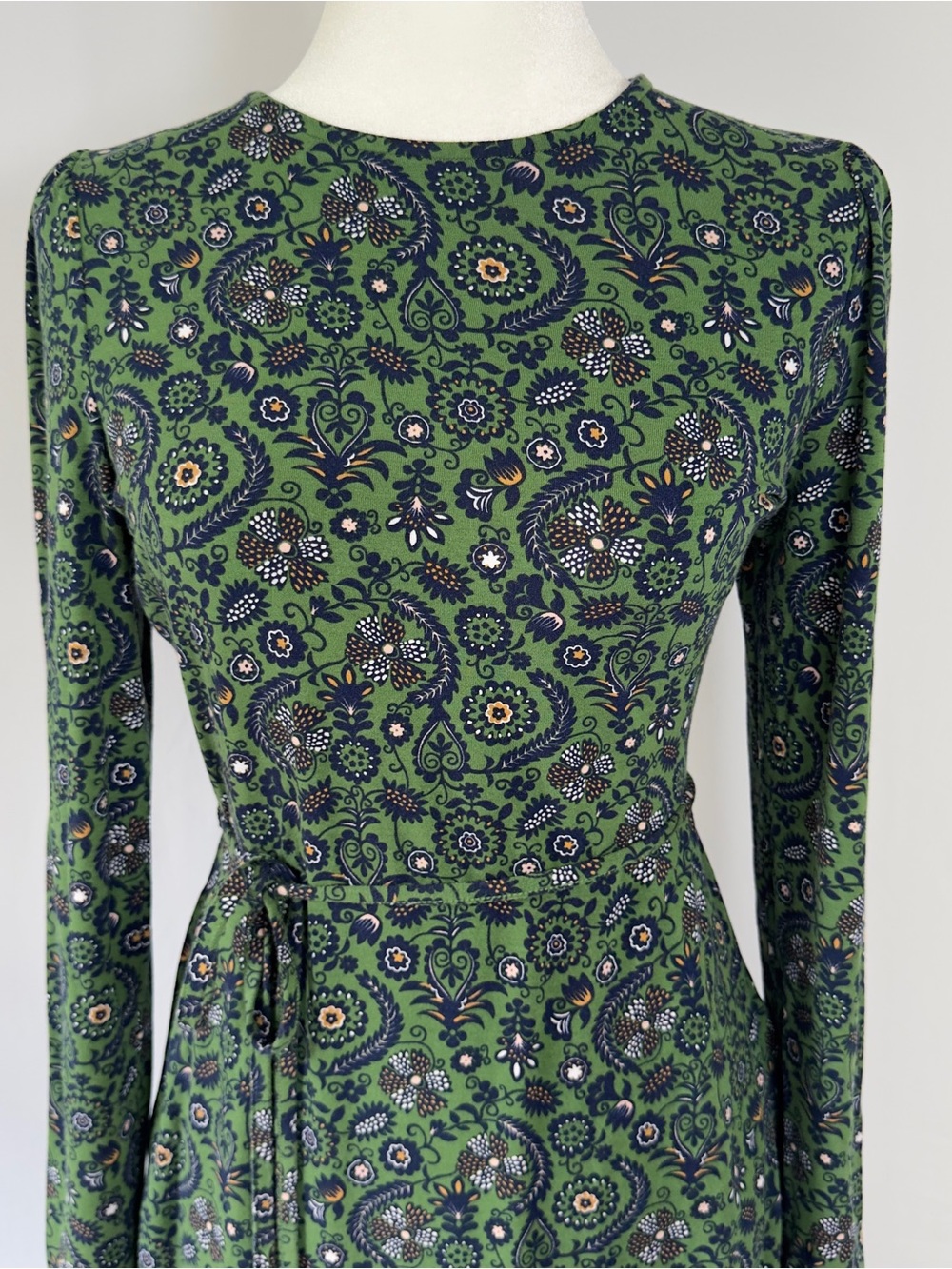 Boden Size 6 Green Paisley Floral Long Sleeve Midi Dress Self Tie Belt EcoVero - Picture 4 of 16